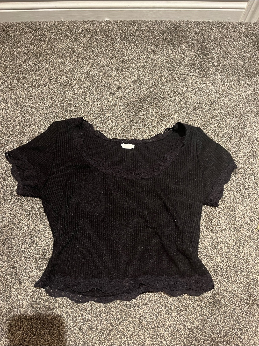 Garage Black Lace-Trim Ribbed Short Sleeve Crop